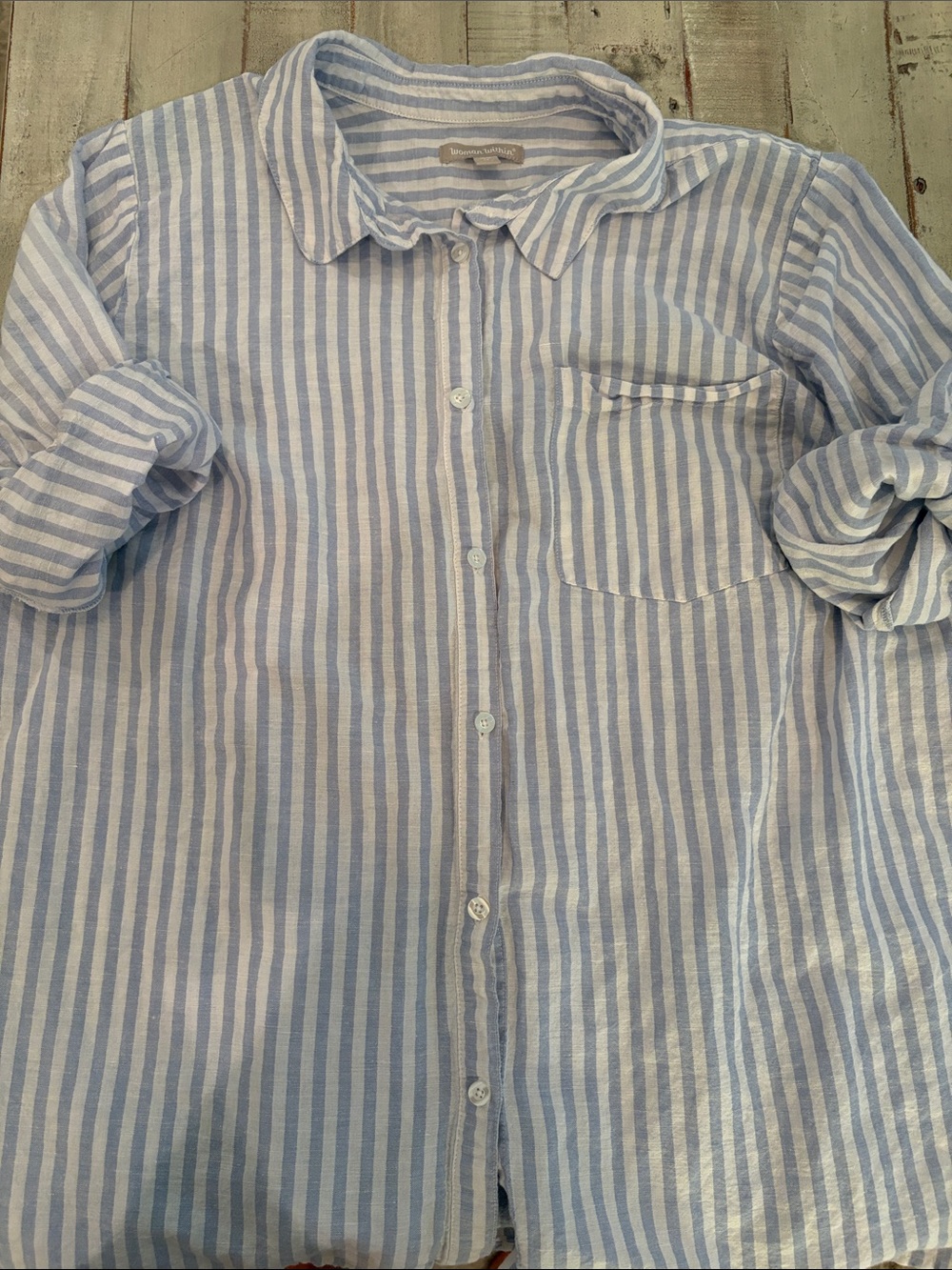 Woman Within Striped Linen Cotton Blend Long Sleeve Button Up